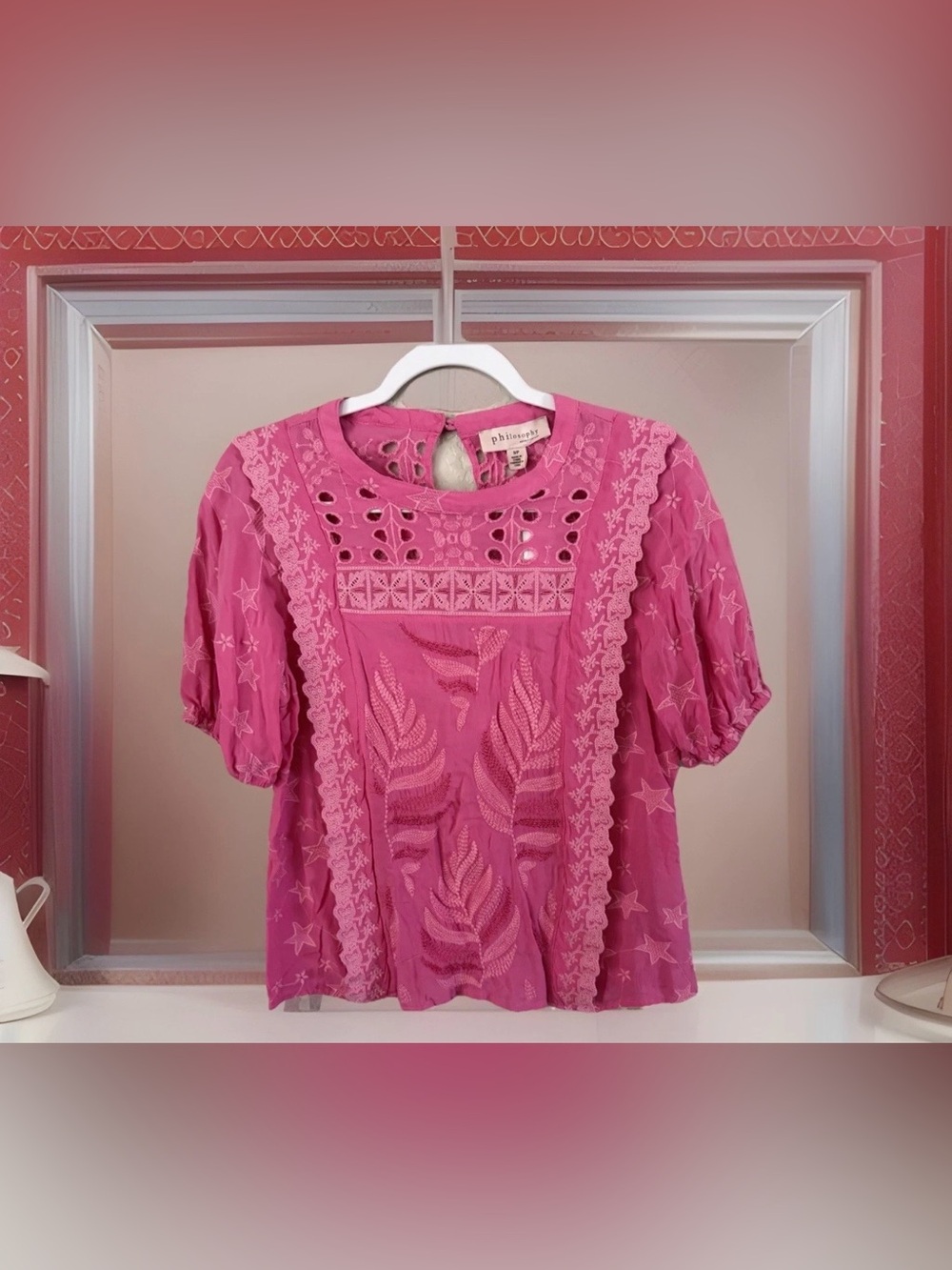 Philosophy Hot Pink Embroidered Cutwork Women's Blouse